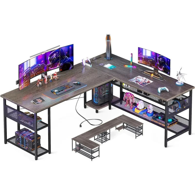 

L Shaped Desk with Power Outlet and USB Charging Ports, Reversible L Shaped Computer Desk with Storage Shelves,computer desks