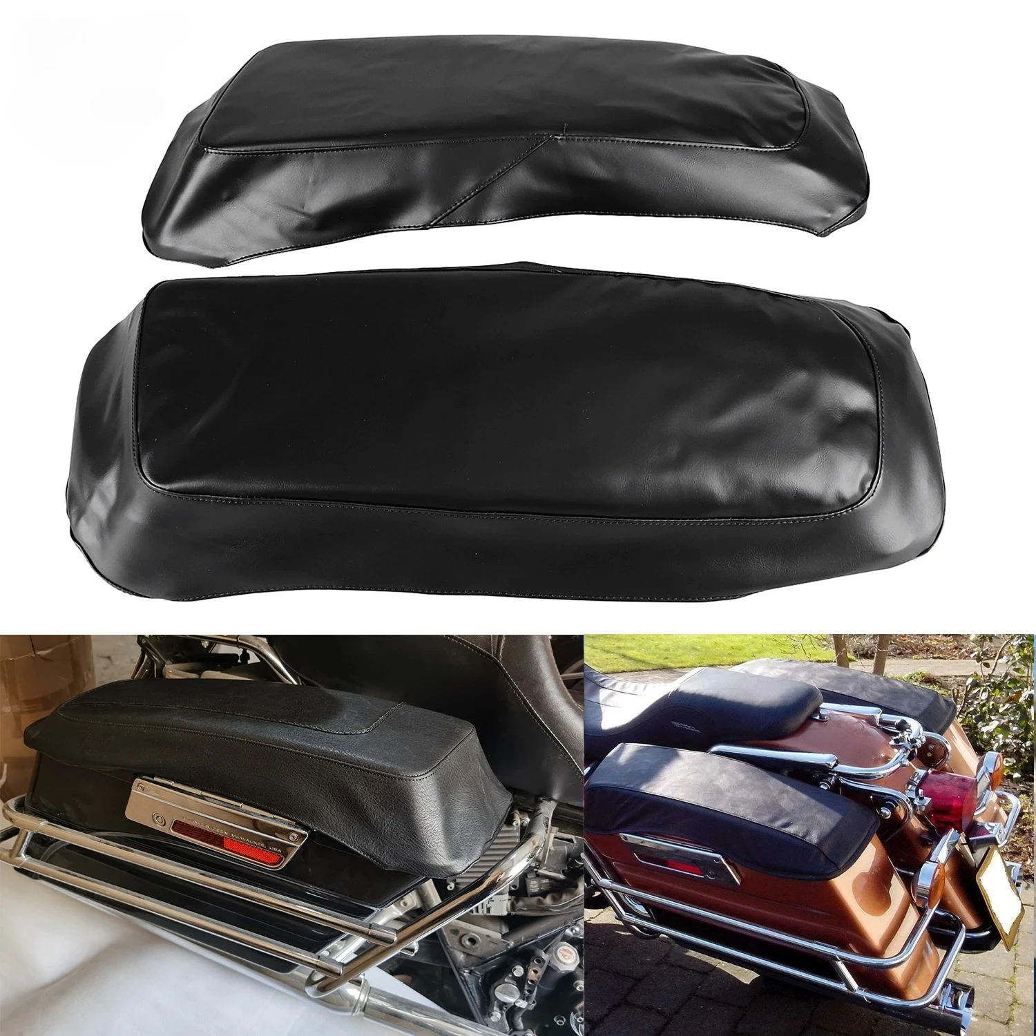 

Black Leather Hard Saddle Bags Lids Cover Motorcycle Saddlebag Lid Guard for Harley Touring Road Street Electra Glide King 97-13