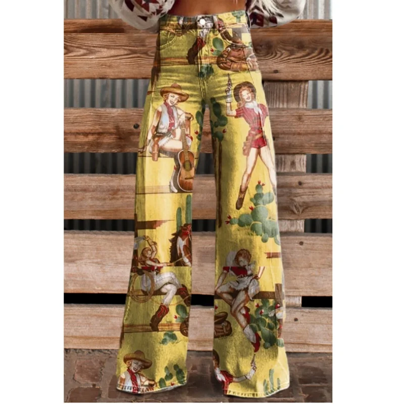 Jeans da donna con motivo retrò popolari Jeans comodi stampati in 3D per tipo gamba decorativa da donna comodi e caldi