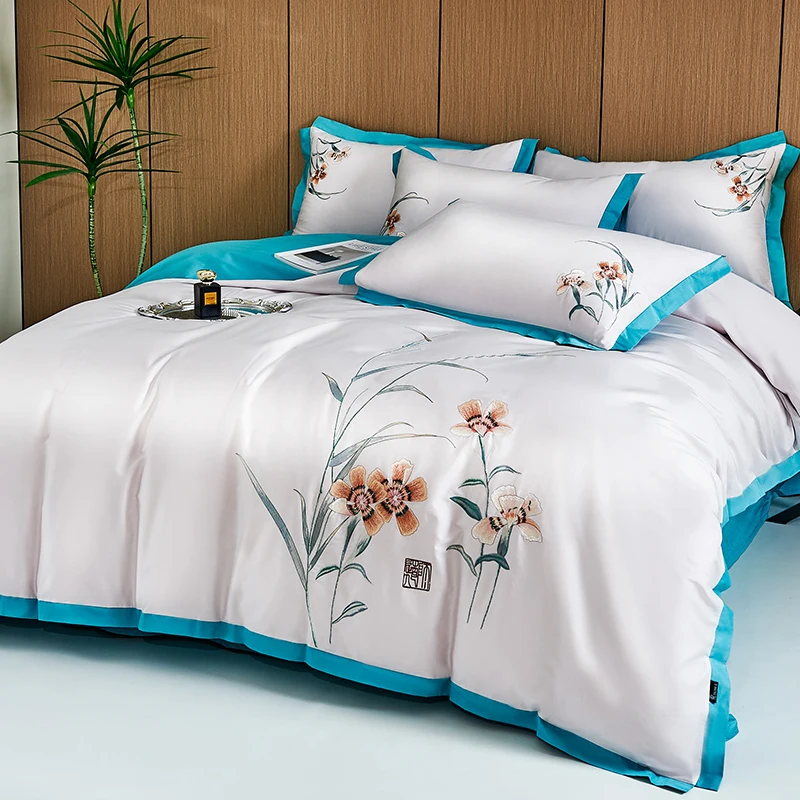 600TC Egyptian Cotton Chinese Style Flowers Embroidery Luxury Bedding Set Duvet Cover Bed Sheet/Fitted Sheet Pillowcases 4Pcs