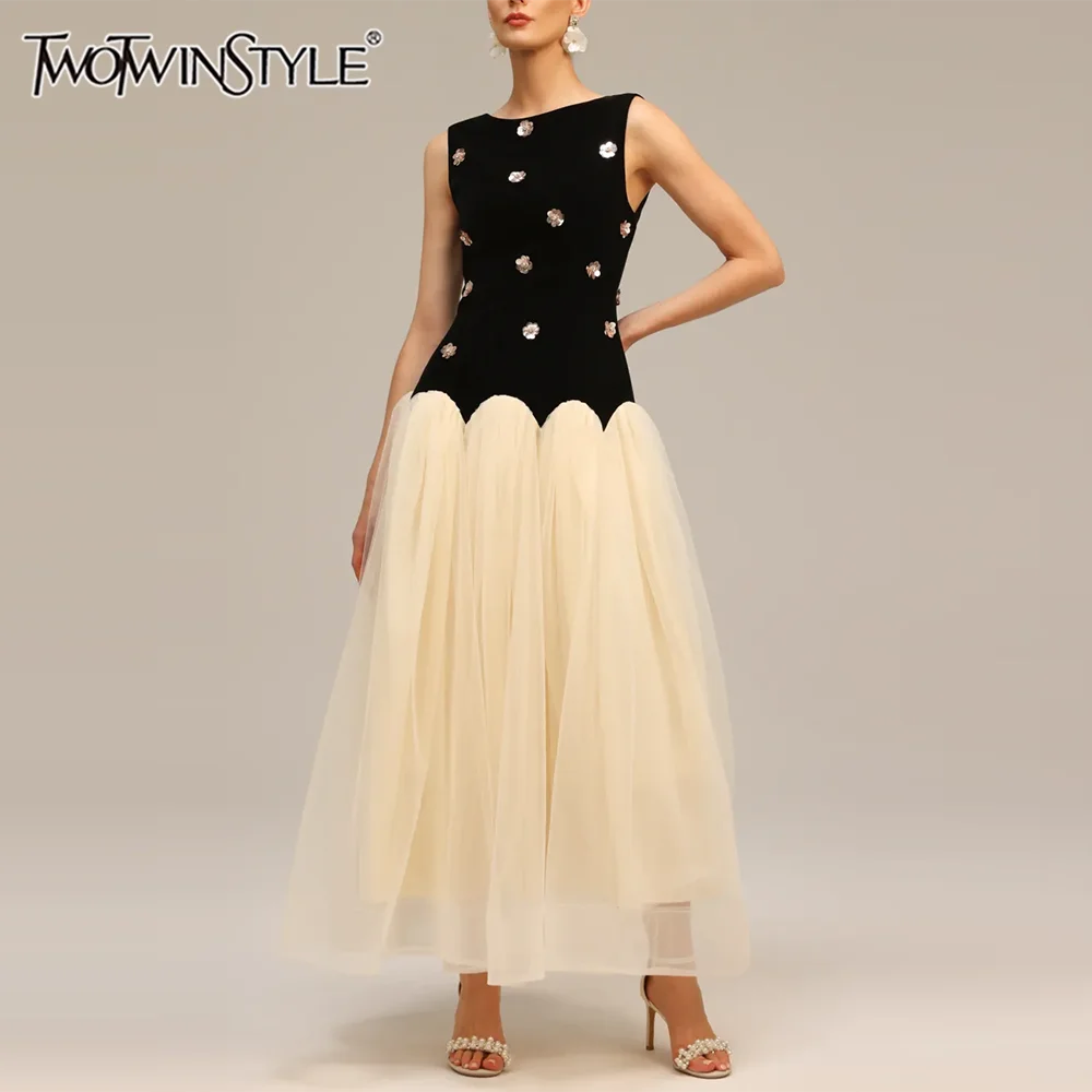 

TWOTWINSTYLE Hit Color Slimming Dresses for Women Round Neck Sleeveless High Waist Spliced Mesh Long Dress Female