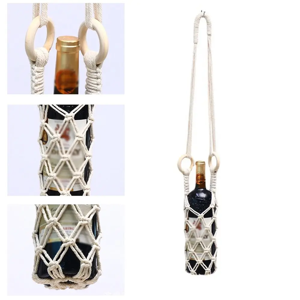 Bohemian Hanging Bottle Net Bag Hand-woven Hollow Out Coffee Cup Holder Cotton Rope Easy To Carry Crochet Wine Bottle Carrier