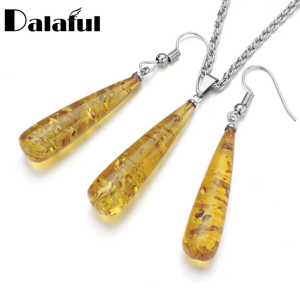 Women's Chic Tear Drop Baltic imitation Pendant Necklace Earring Wedding Jewelry Set L40601