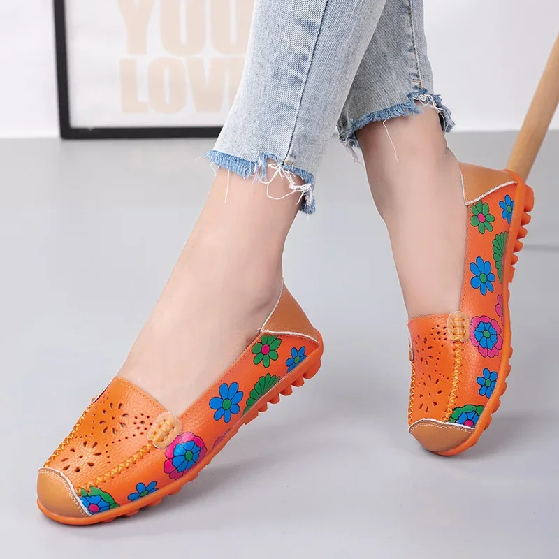 Women Flat Shoes Spring and Autumn New Fashion Flower Print Women Shoes Genuine Leathe Loafers Moccasins Flats for Women 35-44