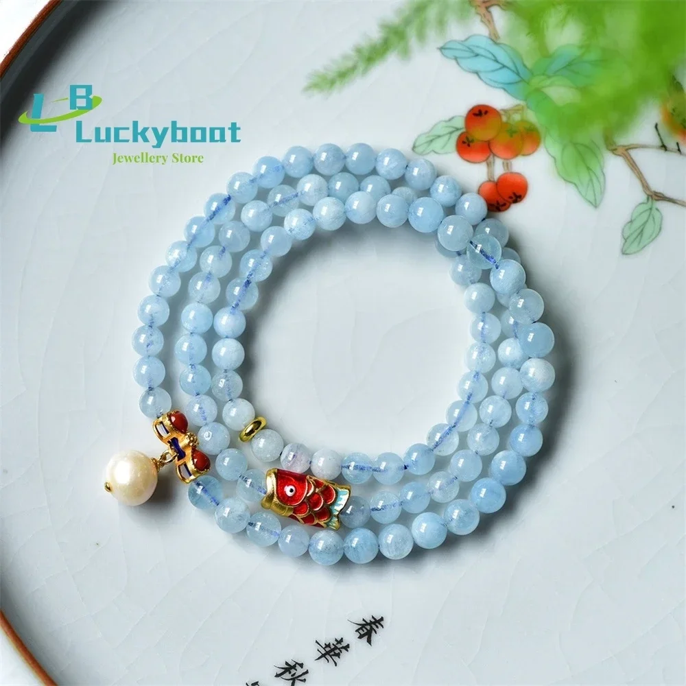 Natural Aquamarine 6mm Multi-Circle Bracelet Transparent Seawater Blue Enamel Fish Accessories Southern Red Bow Pearl