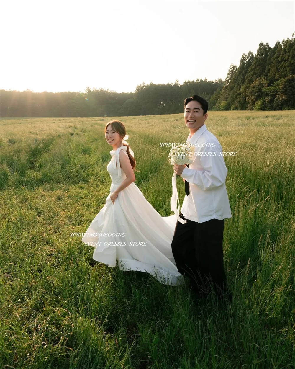 SPRAYING Ivory Bow Strap Wedding Dress Korea Photo Shoot 웨딩드레스 Strapless A line Long Taffeta Bridal Gowns Corset Customized 2025