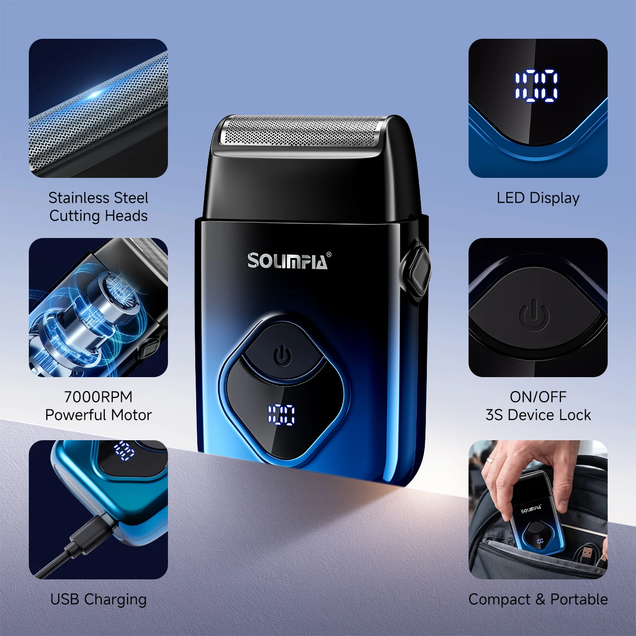 Solimpia Mini Reciprocating Electric Shaver for Men Single Blade Razor Oil Head Bald Head Whitening Skin Care Device