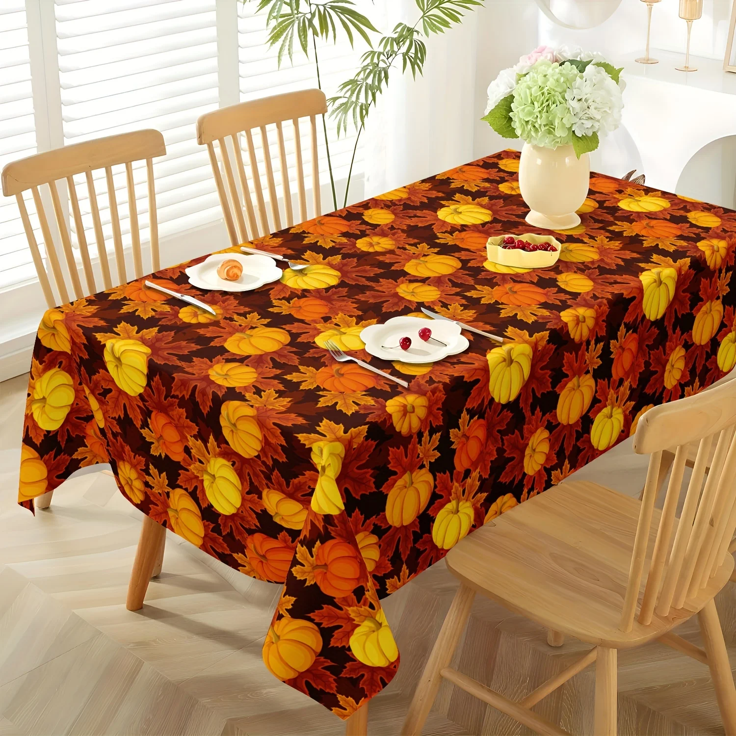 1pc Thanksgiving tablecloth - Round rectangular autumn decoration, featuring maple leaves and pumpkins - Durablezyc