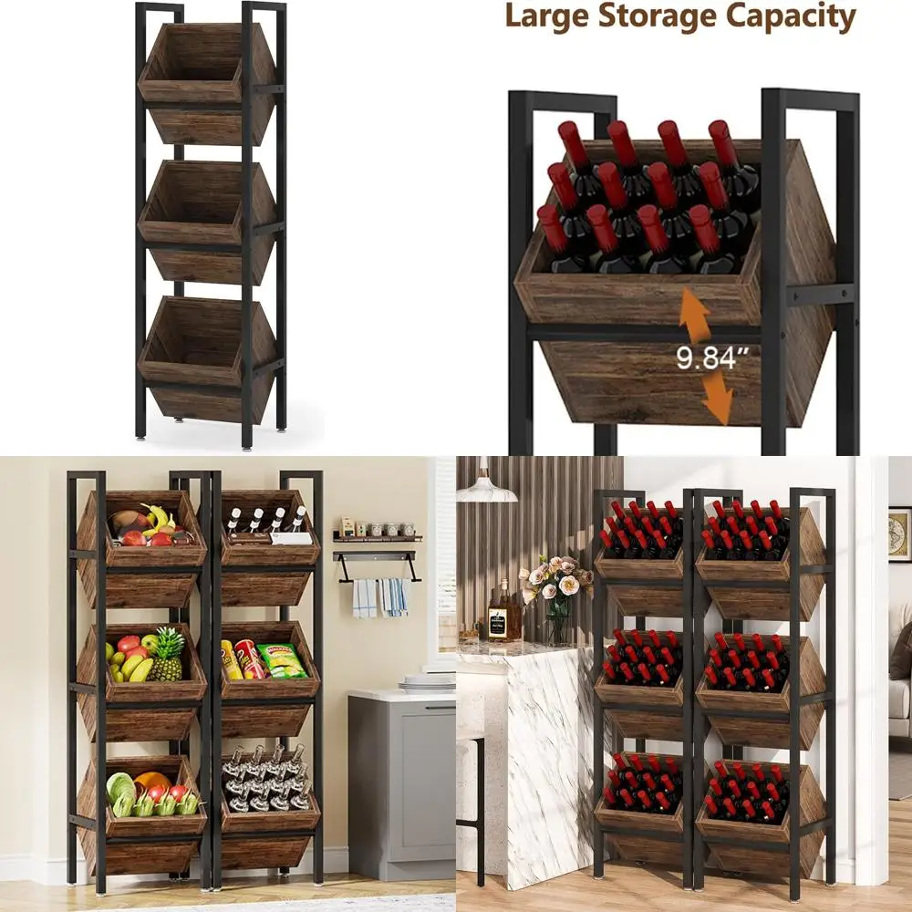 

3-Tier Wooden Wine Rack, Floor Standing Storage Stand, Wobble-Free Holder for Displaying Liquor Bottles in Kitchen or Cellar