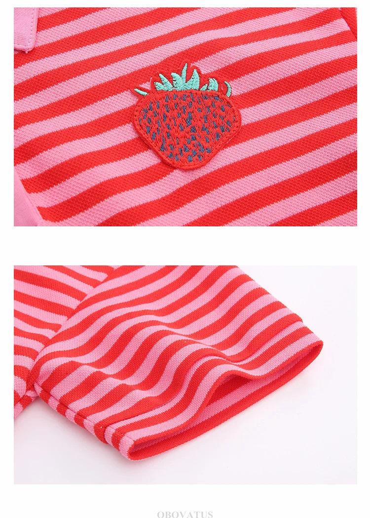 Elegantes gestreiftes Kinderkleid mit Erdbeer-Motiv für Mädchen, neues Design, kurzärmeliges Polokleid, lässige Baumwoll-Sommerkleidung für Kinder – Detail 15