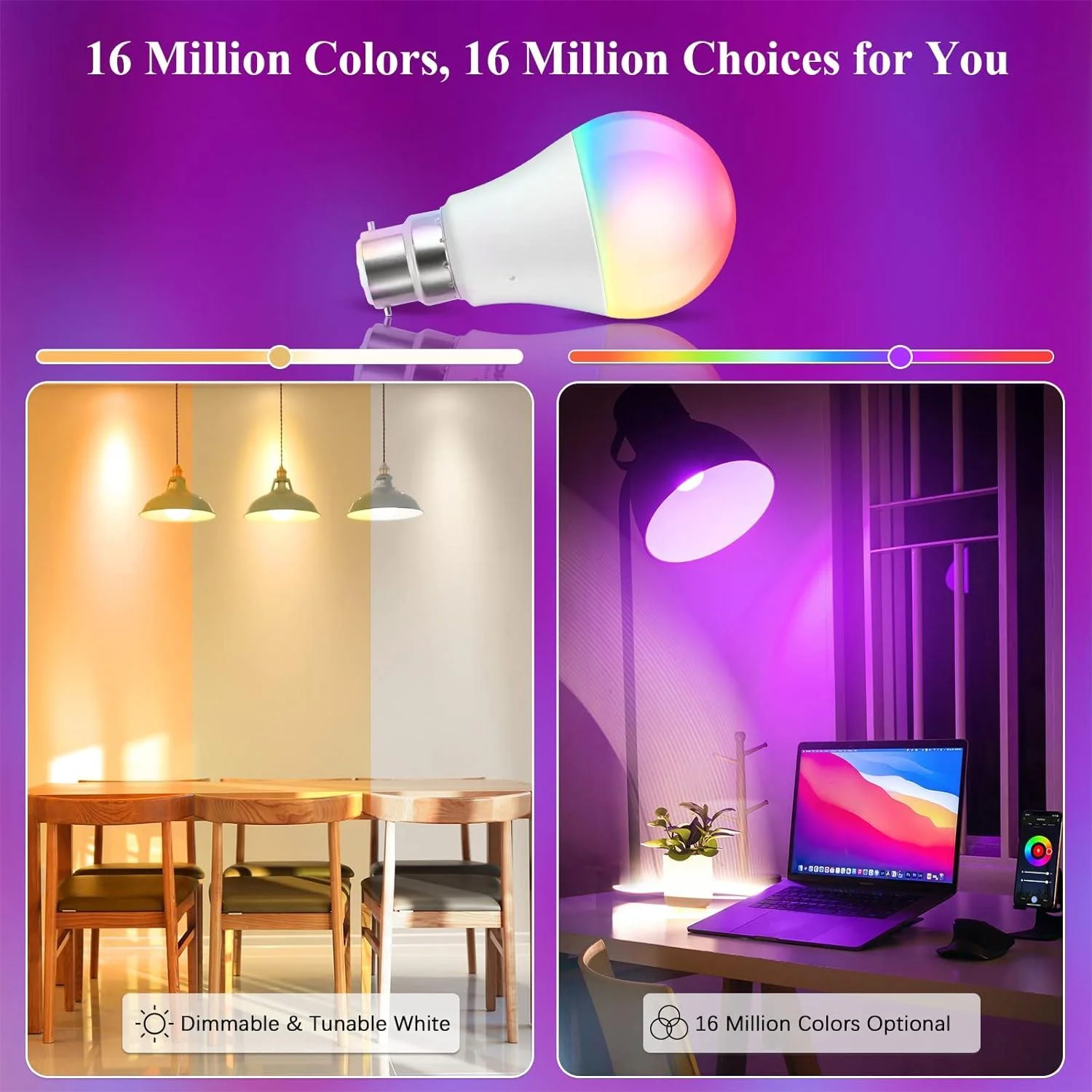 Smart Bulb B22,Music Sync WiFi Bulb,A60 Colors Changing Light Bulb Works with Alexa&Google Assistant,806lm,App & Voice Control