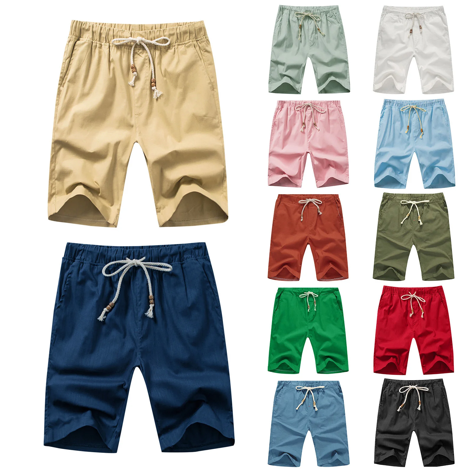 

2022 European And American Men's Shorts Linen Lace-up Large Size Pocket Casual Pants Shorts