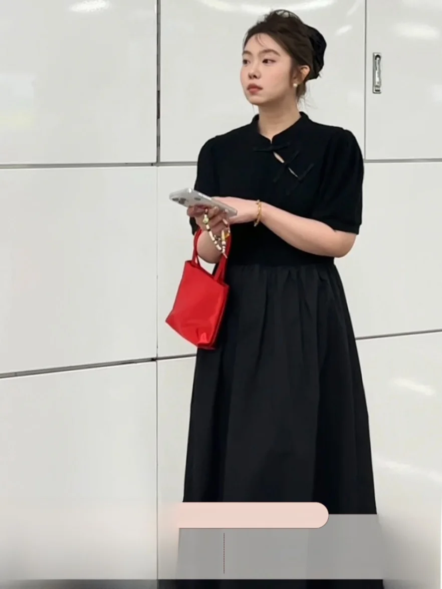 

JINGU een Label Chinese Aesthetic Waist-Cinching Sle Buttoned New Chinese Sle Patchwork One-Piece Dr