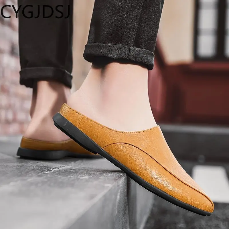 Slippers Men Luxury Casuales Leather Mules Homme Slippers for Men Half Shoes for Men Slippers Luxury Designer тапочки для дома