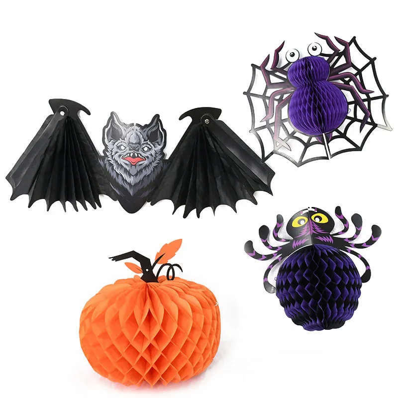 

Halloween Paper Honeycomb Pendant Pumpkin Spider Bat Shape Honeycomb Tissue Ball Halloween Wall Hanging Decoration Lantern Props