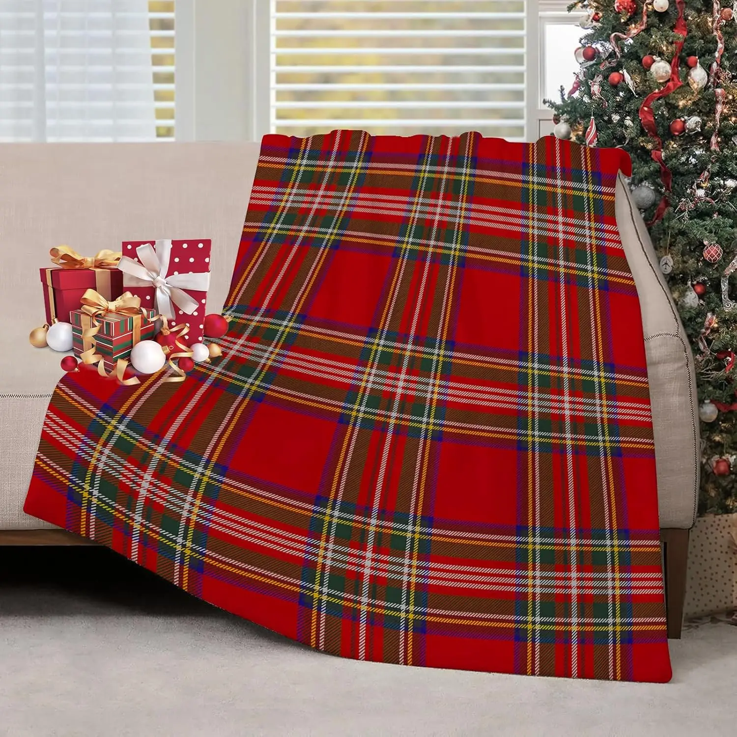 Christmas Plaid Throw Blankets Scottish Tartan Farmhouse Throw Blanket Soft Warm Cozy Flannel Blanket for Bedroom Living Rooms
