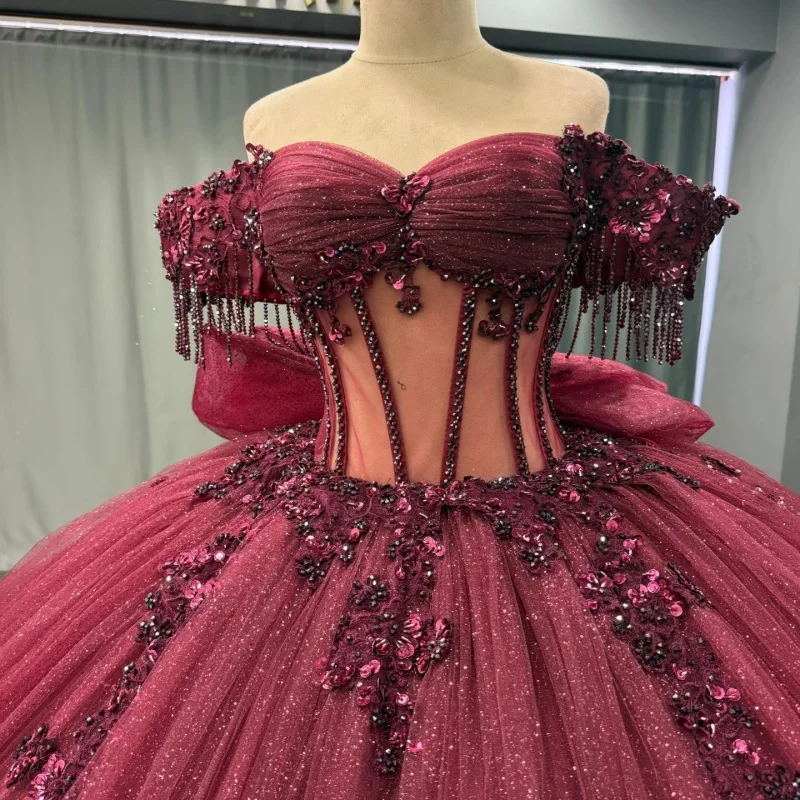Customized Shiny wine red Quinceanera Dresses Off the Shoulder Lace layering applique Tull Long tail Vestido 15 Quinceanera