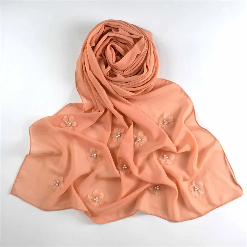 

Malaysia Women Chiffon Hijab Scarf With Pearl Flower Shawls Breathable Headscarf 170*70cm kimono femme musulmane حجابات