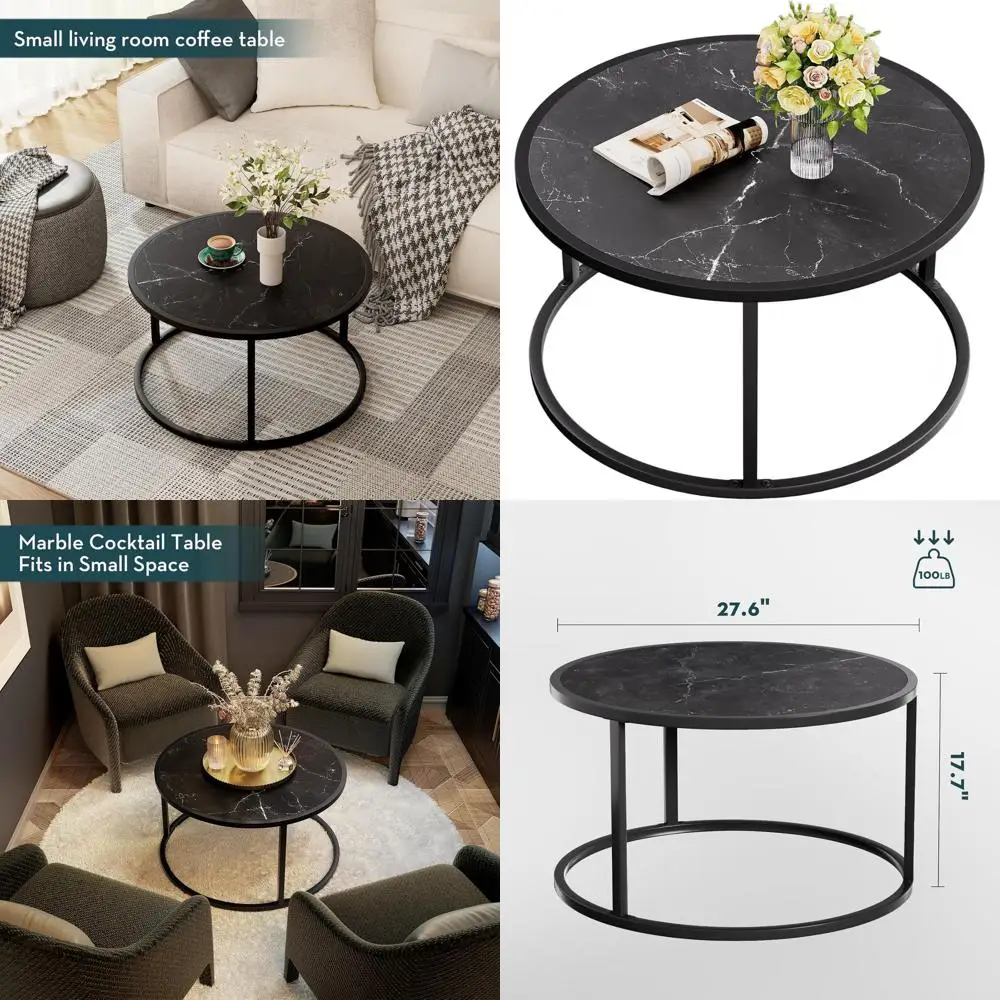 

Modern Round Marble-Top Coffee Table with Metal Frame for Living Room, Small Center Table, 27.6 x 27.6 x 17.7, Faux Marble