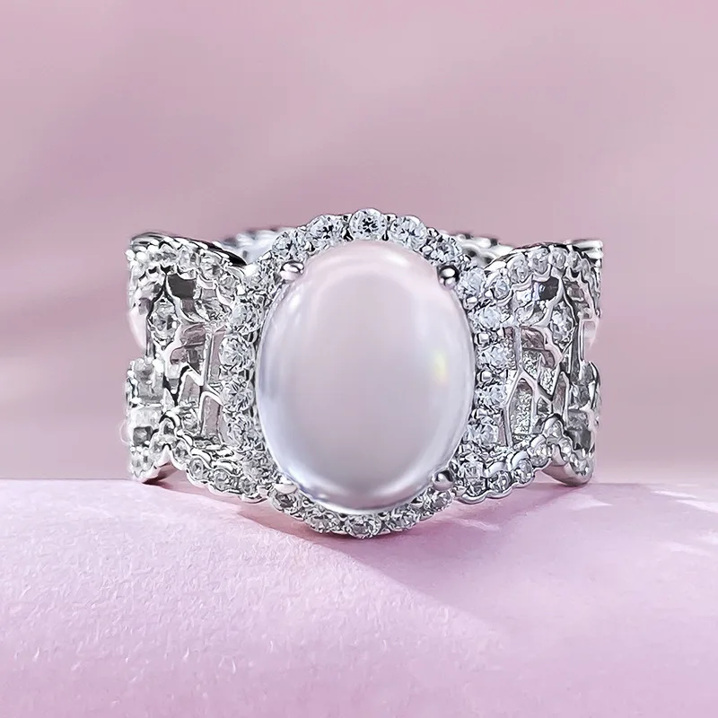 Natural Water Foam Jade Ring for Women 925 Silver Egg Face High Ice Glass Seed Jade Stone 8 * 10 Dove Egg Sparrow Diamond