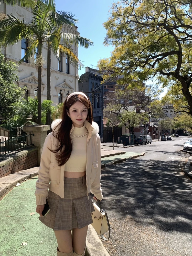 

Wcouture Original Winter Fairy T Plaid Retro Slim High Waist College Sle Midi Skirt Women's Wool Blend Pleated Skirt