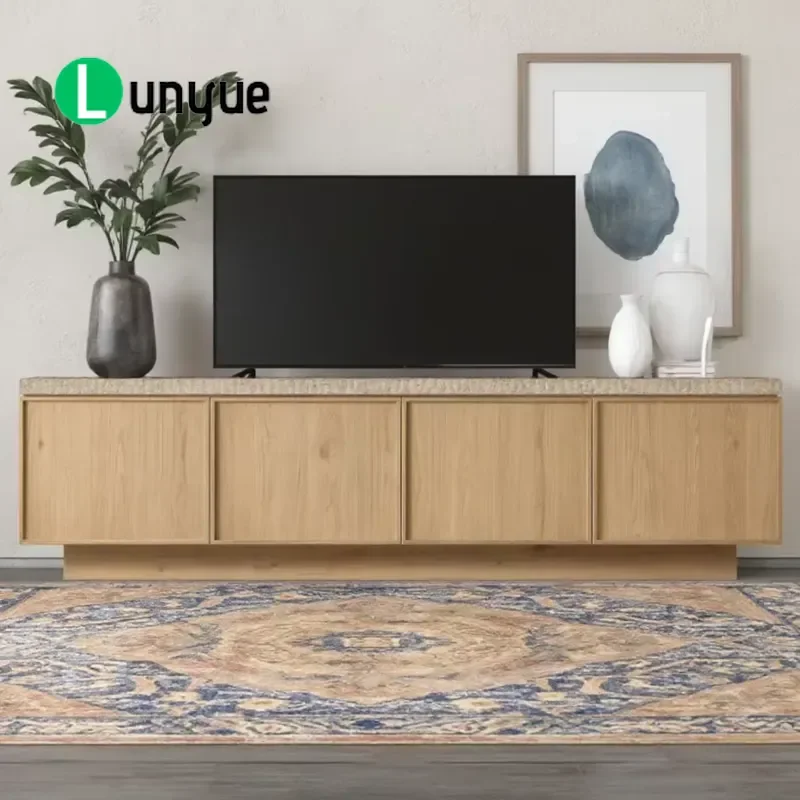 Modern Solid Wood TV Cabinet with 4 Doors Large Storage Space Multi Functional Durable Living Room Furniture