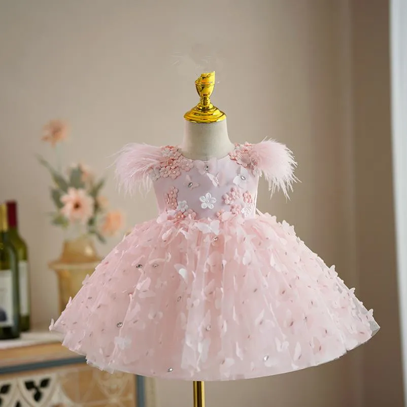 

Children's Pink Evening Gown Sleeveless Appliques Bow Design Wedding Birthday Baptism Party Clothing Girls Dress A3326