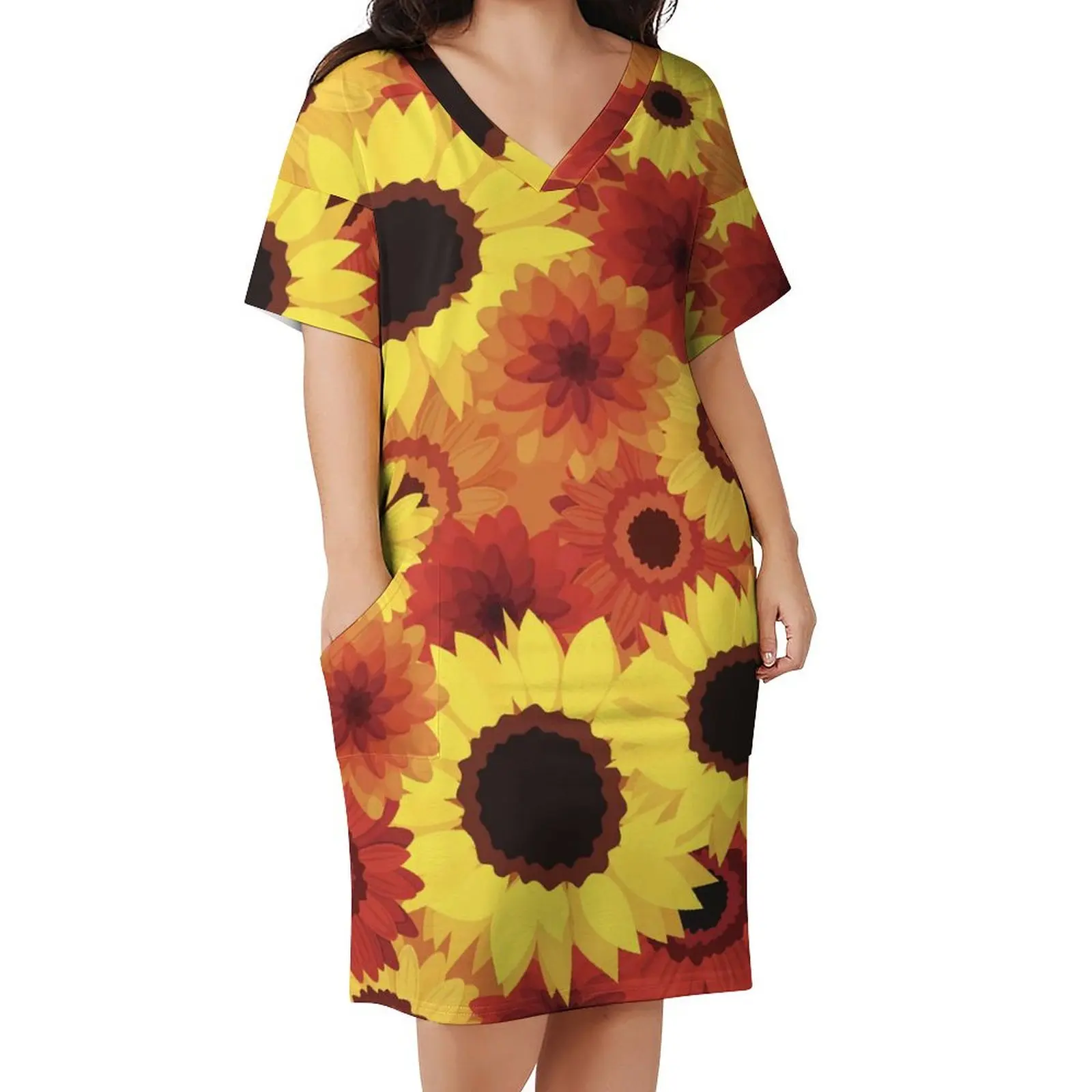 

Red Yellow Sunflower Dress V Neck Colorful Flowers Stylish Dresses Women Aesthetic Pattern Casual Dress With Pockets Big Size