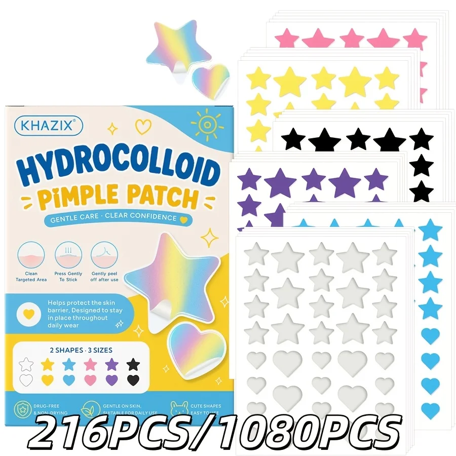 6 colors, 216PCS/1080PCS. Star acne patch facial hydrogel acne patch, gentle and non-irritating, invisible and beautiful