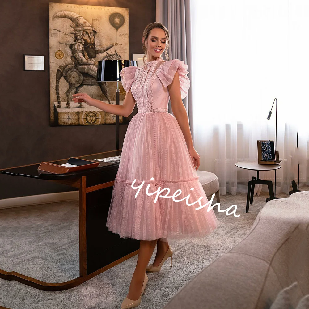  Evening Tulle Beading Tiered Draped Cocktail Party A-line High Collar Bespoke Occasion Gown Midi Dresses Saudi Arabia