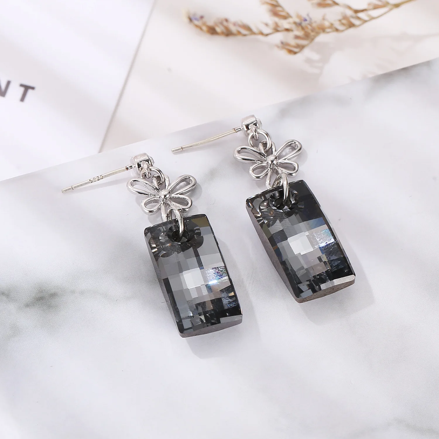 Crystals from Austria Dangle Drop Earrings for Women Silver Color Flower Studs Design Rectangular Cut Elegant Jewelry for Party
