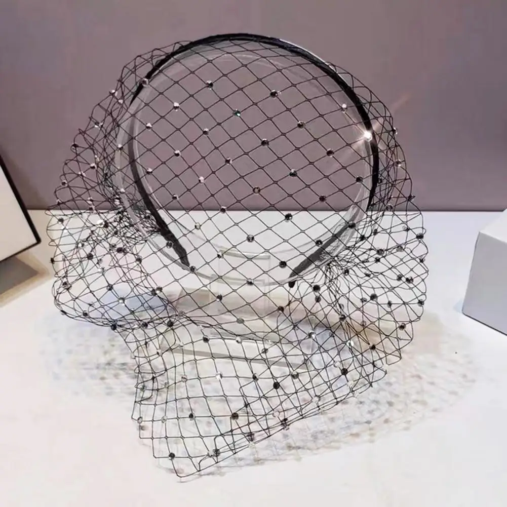 Retro Hair Hoop Shiny Rhinestones Inlaid Net Design Elastic Headband Cosplay Parties Handmade Hairband Soft Headpiece