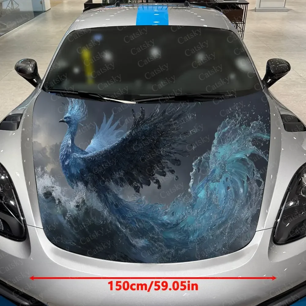 Deep Sea Spirit Phoenix Water Ripple Car Vinyl Wrap, PVC Waterproof Car Hood Sticker, Self-Adhesive Scratch-Resistant Stickers