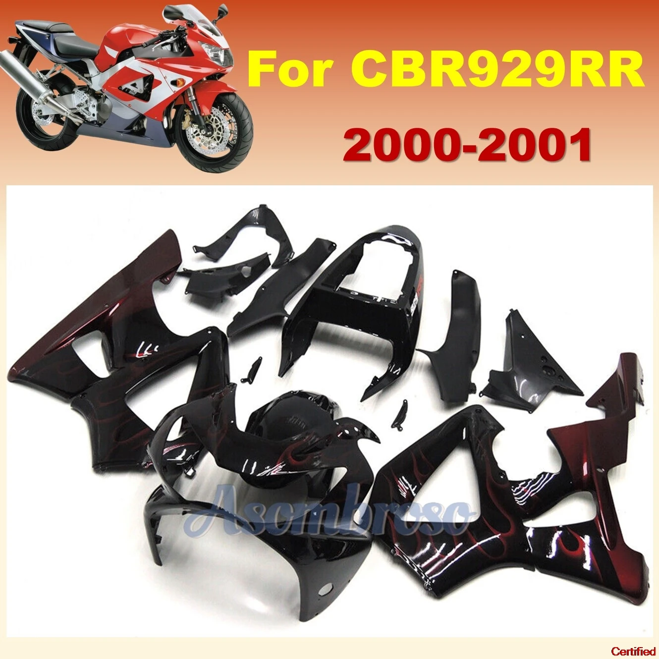 

High Quality ABS Injection Motorcycle Fairings Kit Fit For CBR929RR 2000 2001 CBR900 00 01 Red Flame Bodywork Set