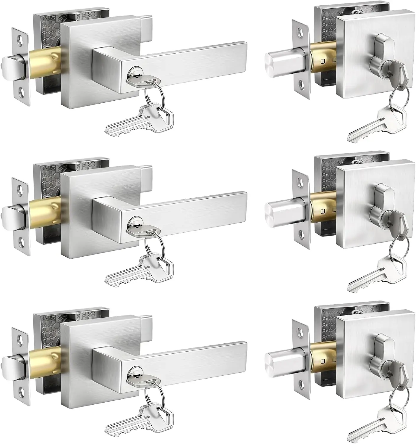 

Комплект из 3 дверных замков из матового никеля с засовом, квадратной ручкой и двойным цилиндром, одинаковым ключом, усиленные, для наружных дверей