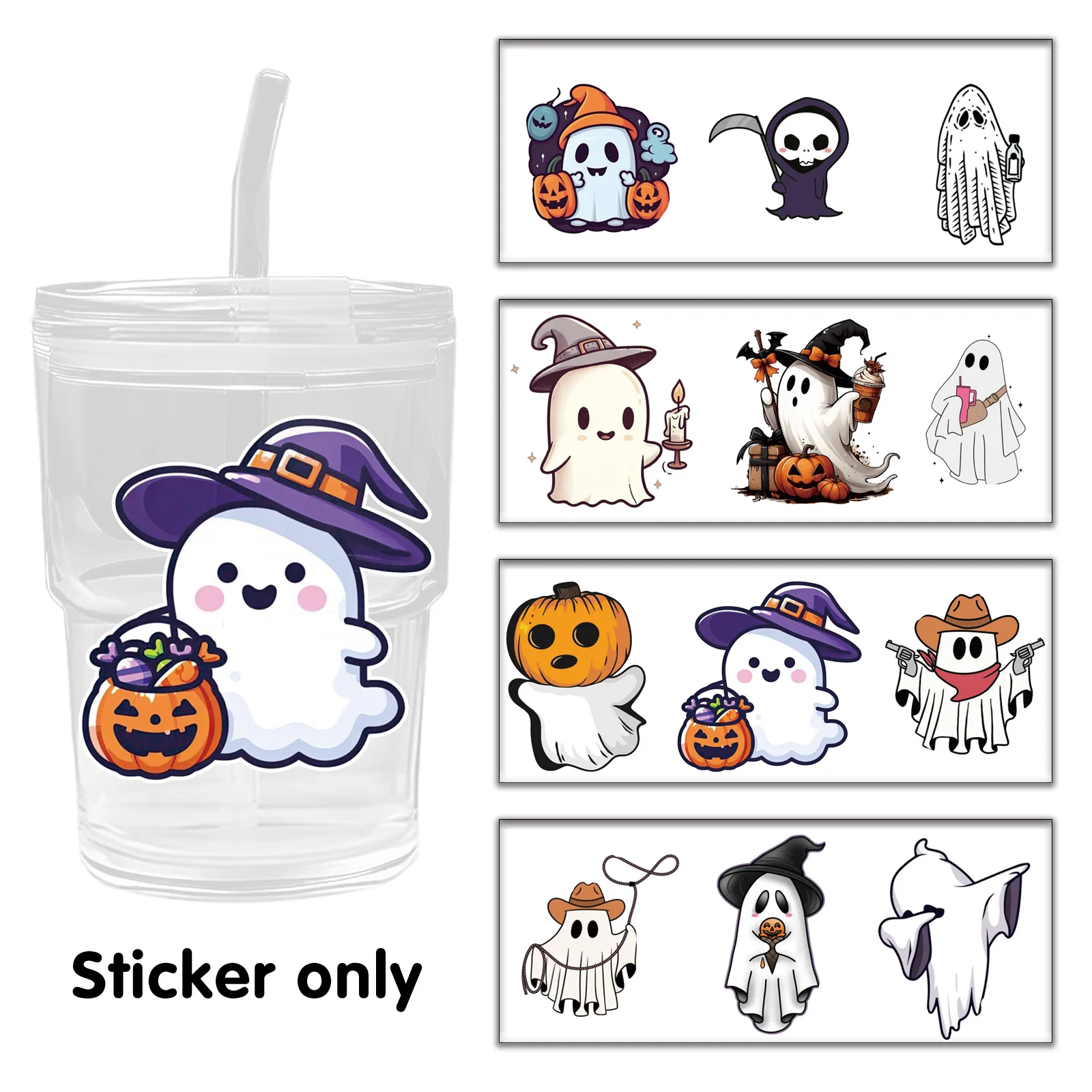 

Halloween Cute Ghost 16OZ UV DTF Cup Wrap Bottle Sticker for Glass Libbey Can Bottle Selfadhesive Washable Waterproof DIY Custom