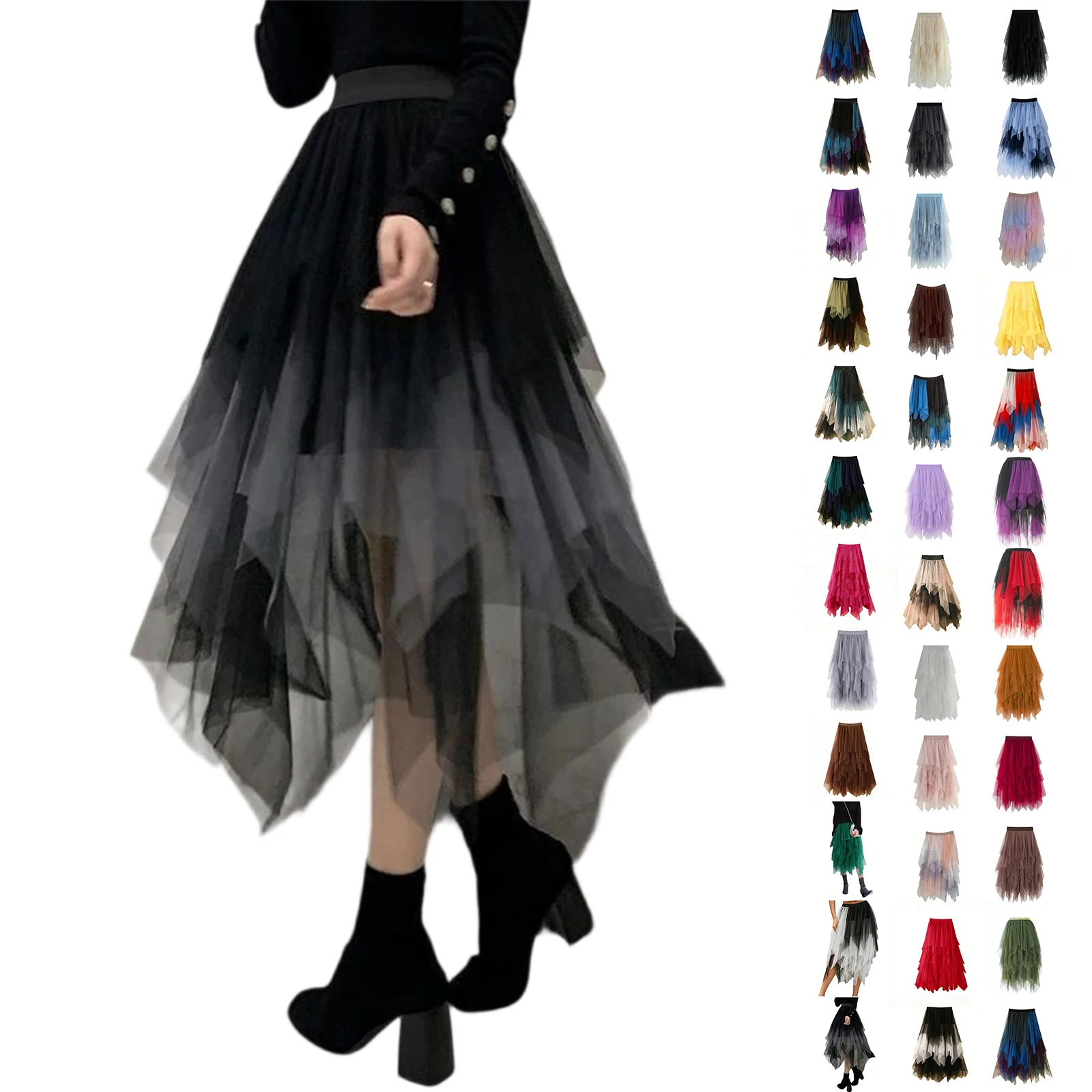 กระโปรงตาข่ายทรงไม่สมมาตร ความยาวปานกลาง กระโปรงไหมพรม เอวสูง กระโปรงอเนกประสงค์ กระโปรงครึ่งตัวสำหรับผู้หญิงช่วงฤดูใบไม้ผลิและฤดูใบไม้ร่วง