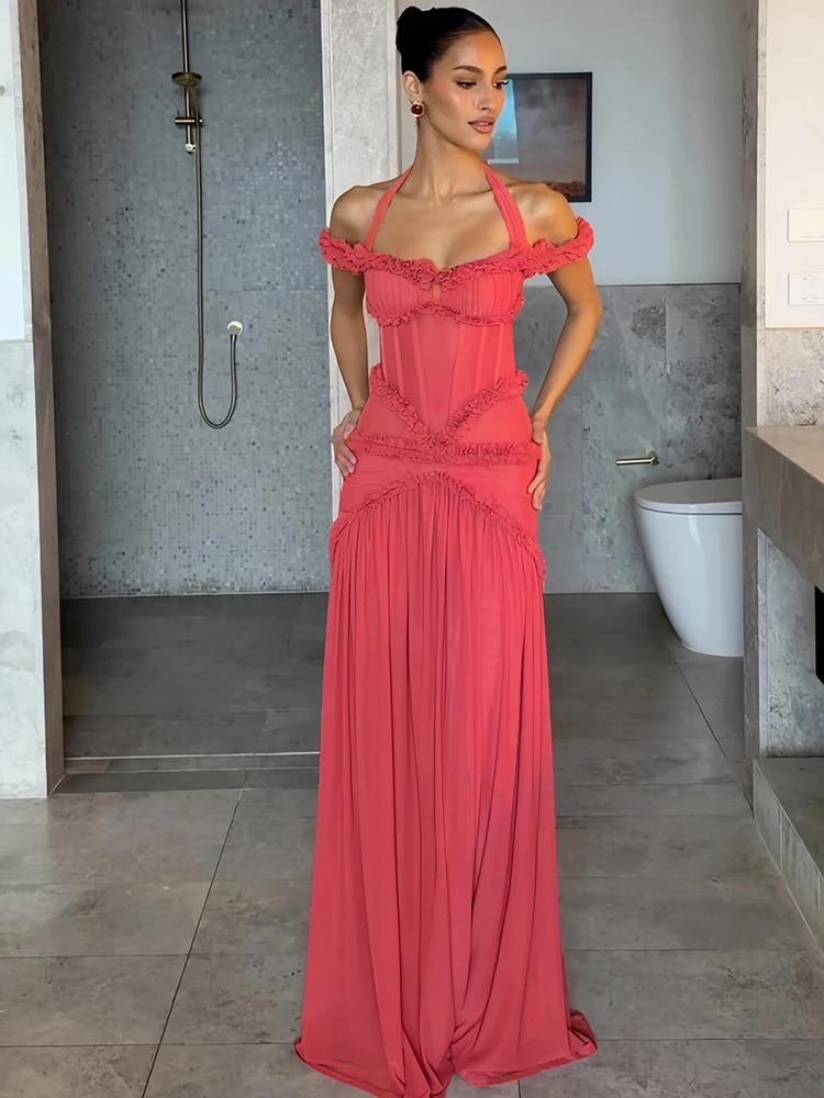 Weird Puss Rüschenrand-Patchwork-Kleid für Damen, elegant, mit schrägem Ausschnitt, Bandagen, rückenfrei, ärmellos, für Urlaub, Party, Mode, figurbetont – Detail 12
