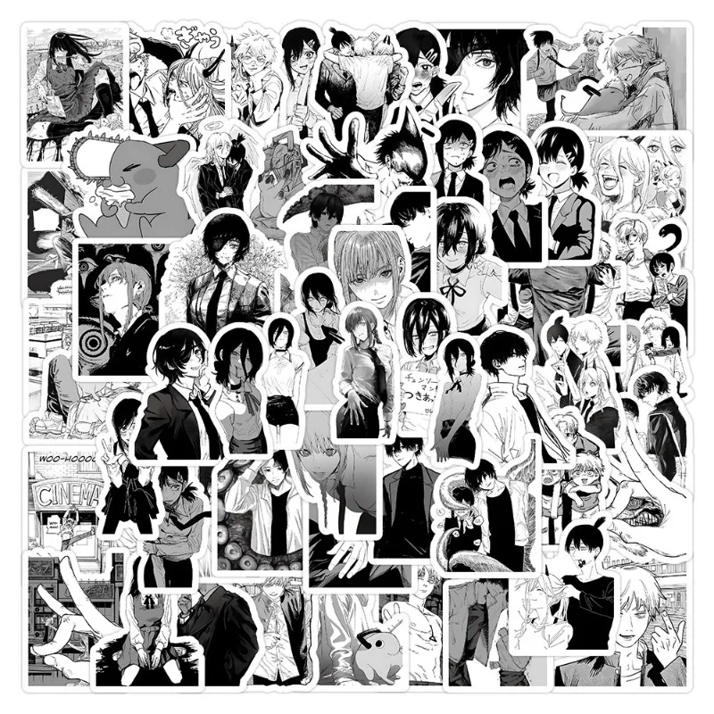 104pcs Black White Chainsaw Man Anime Stickers DIY Skateboard Luggage Helmet Phone Cool Cartoon Graffiti Decals Toy