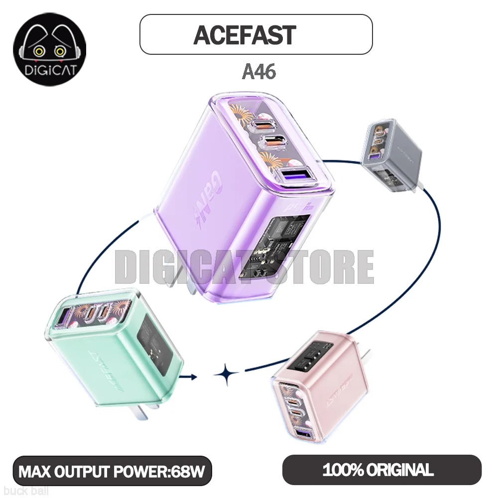 

Acefast A46 65W Charger For Iphone 14 Pro Max Fast Charge Charger Type C Multiple Sockets Smart Chip Crystal iPad Phone Charger