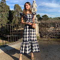Summer Striped Square Collar Patchwork Maxi Dress Women Elegant Fly Sleeve Ruffles Vintage Dresses Female Beach Party Dress