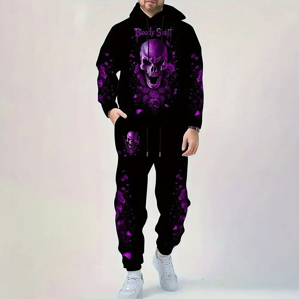 Conjuntos de sudaderas con capucha con estampado de calavera 3D para hombre, sudadera y pantalones de otoño e invierno, traje de 2 piezas, chándales informales de alta calidad a la moda