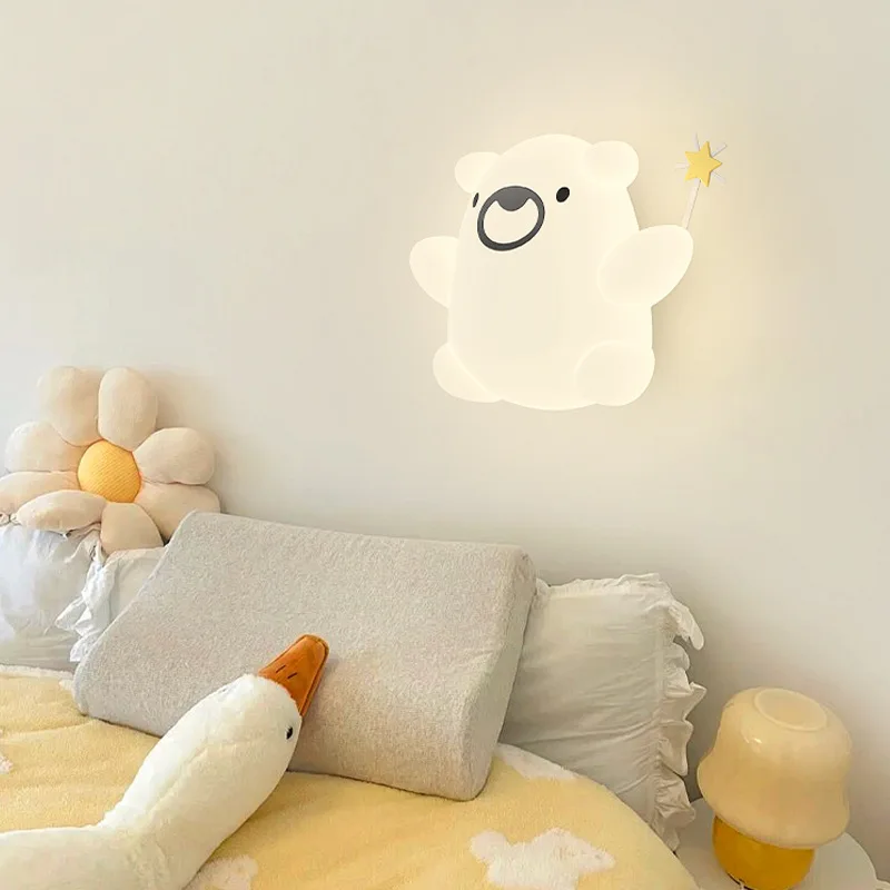 Happy White Bear Lamp Cute Children's Room Wall Lamps Creative Cartoon Youth Room Nursery Girl Boy Bedroom Bedside Wall Lights