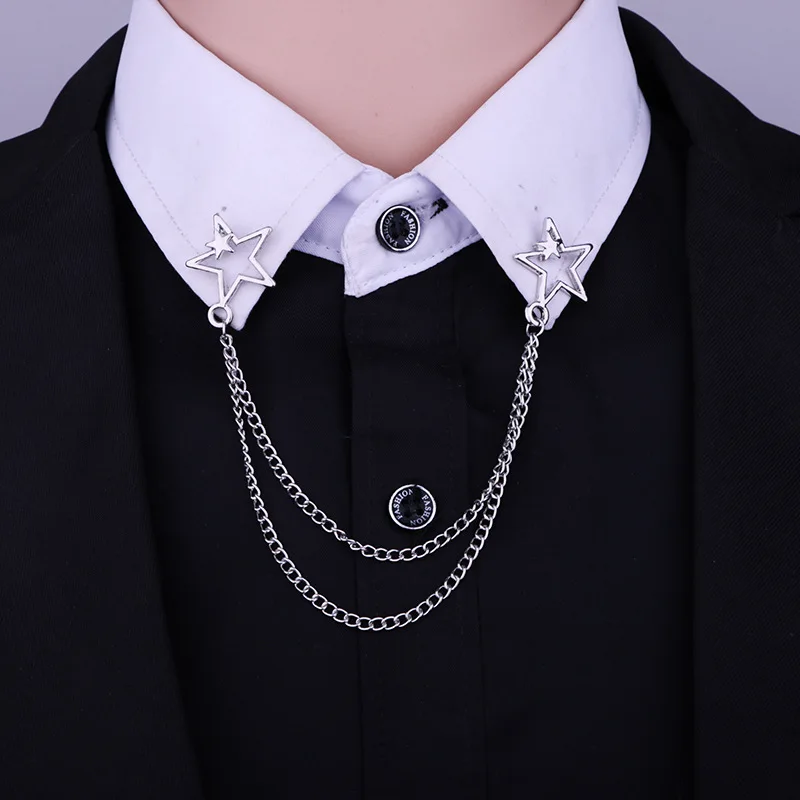 Tassel Five-pointed Star Crystal Cross Chain Brooch Women's Shirt Collar Pins and Brooches Personality Lapel Pin Buckle Women