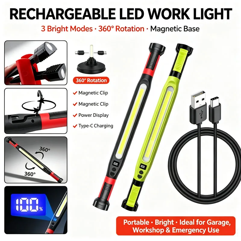 Magnetic LED Work Light Bar USB-C Rechargeable Mechanic Inspection Light 360 Degree RotationDigital Battery Indicator Hanging