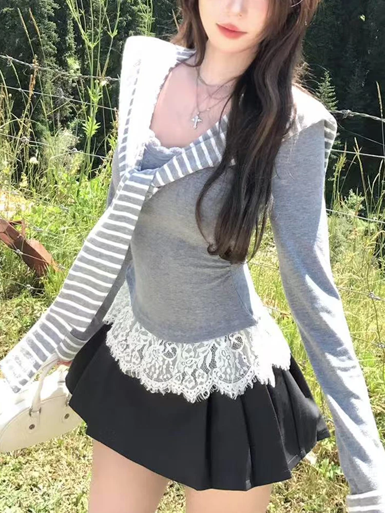 Naval Collar Lace Splice Long Sve T-irt Women's Autumn New Sle Pleated f Skirt Two-Piece Set College Sle Striped ...