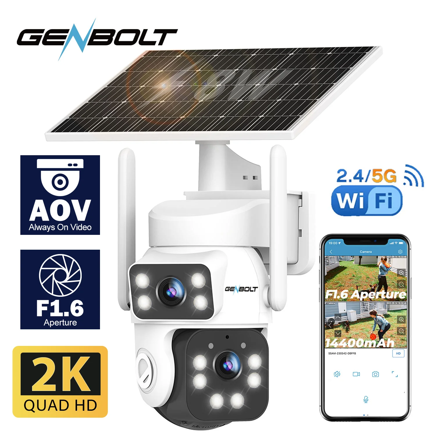 GENBOLT 2K Solar WLAN-Sicherheitskamera, AOV 24/7 Aufnahme, 14400mAh Akku, Dual-View, KI-Menschenerkennung, 2,4/5GHz Kabellose Außen-CCTV
