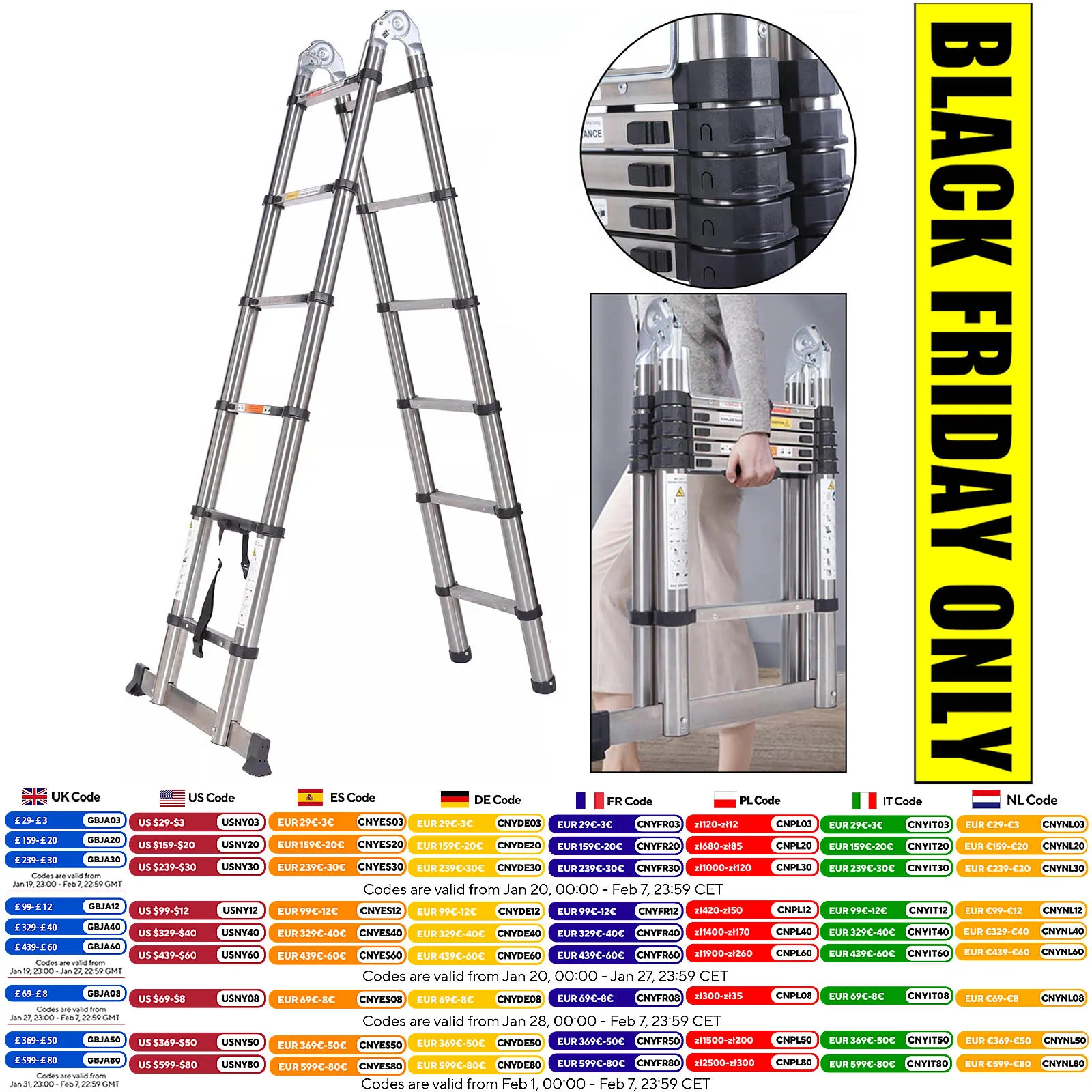 DayPlus Scala telescopica pieghevole in acciaio da 12,5 piedi 1.9M + 1.9M Scala a soppalco multiuso per carichi pesanti con stabilizzatore Strumento domestico