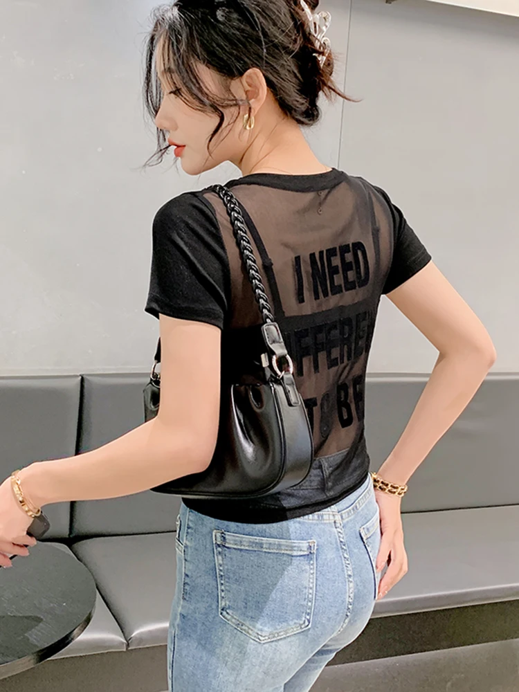 

Sexy See-tough Me Splice High-waist ort-sve Women's T-irt Bal Top Slimming Trendy Summer Faion Tee