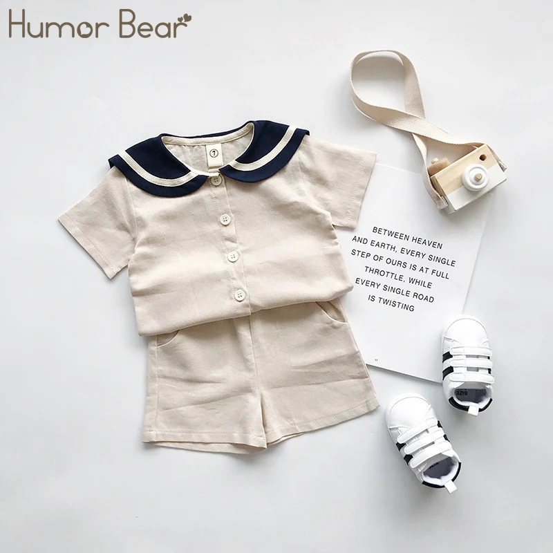 Humor Bear  Kids Clothes Sets Summer Japanese  Korean Style Kids Sailor Collar Cotton Linen T-shirt+Pants 2Pcs Cute Toddler Clot